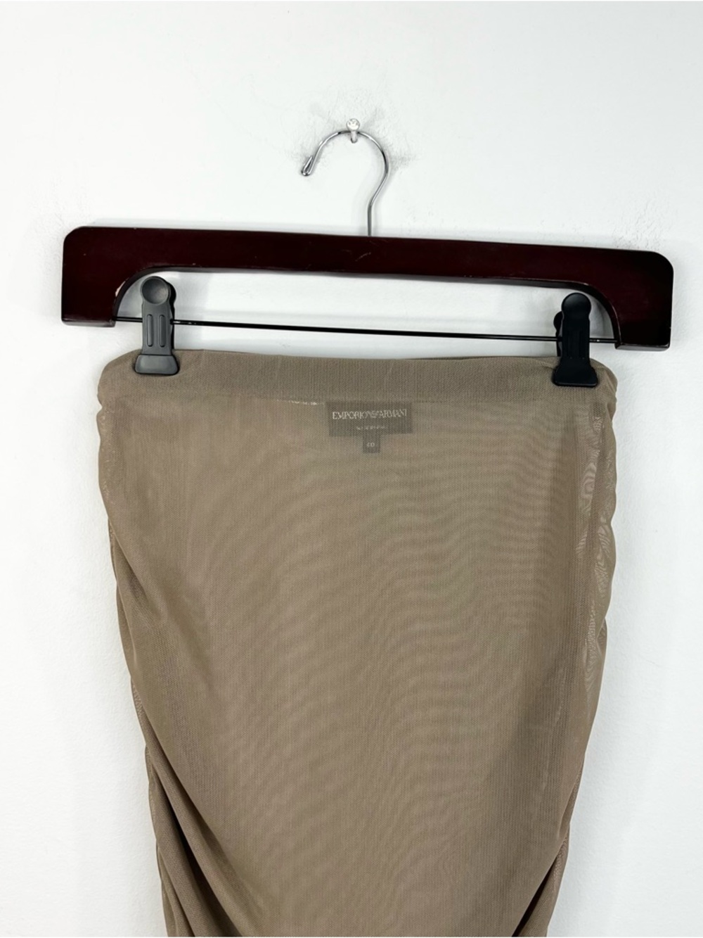 Emporio Armani S/S 21 taupe sheer Ruched Mesh bodycon midi skirt IT 40 - Picture 5 of 12